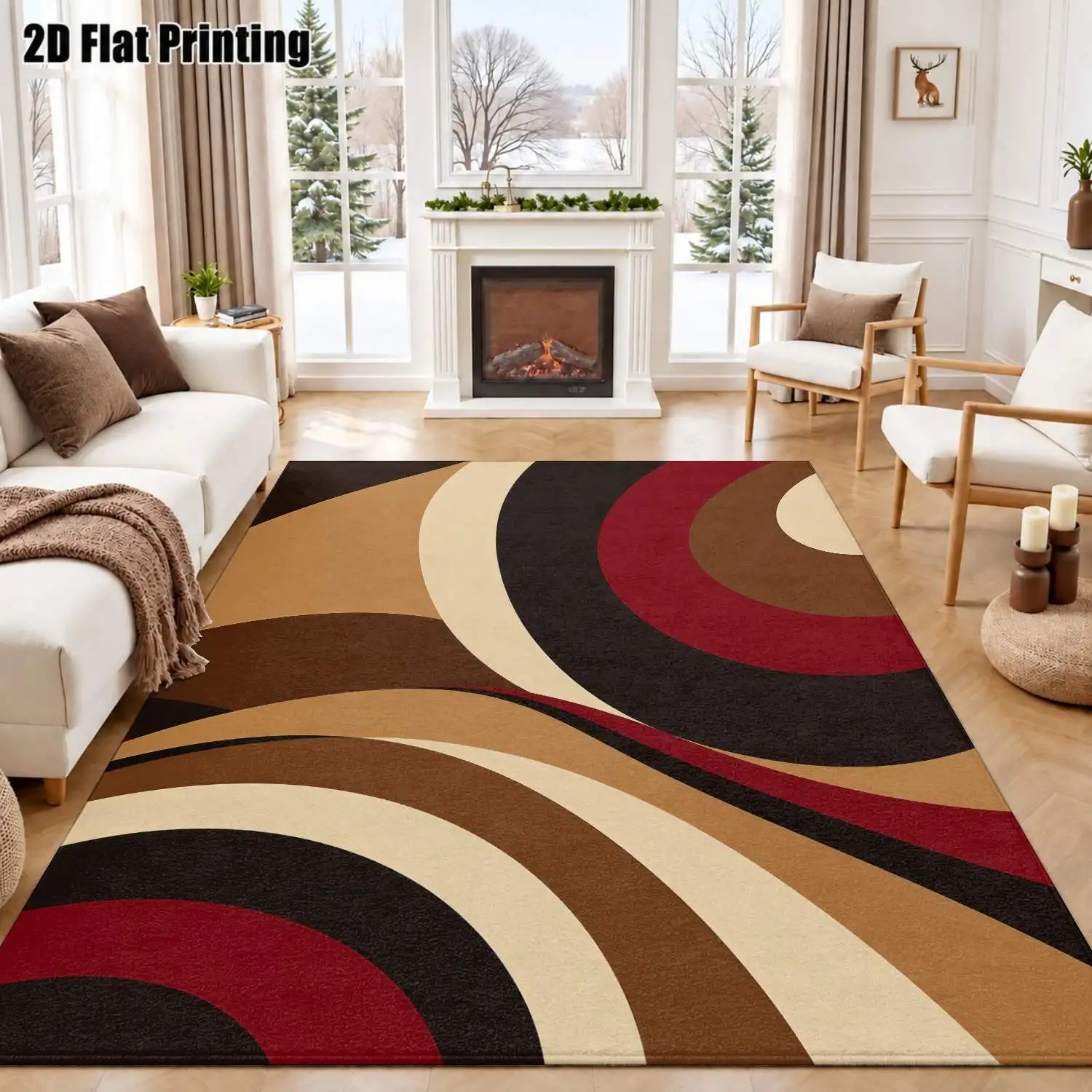 1Pc 2D Printed Retro Brown-Red Geometric Striped Carpet, Nordic/Instagram/Modern Minimalist/European Style, Home Decor, Multi-Size, Machine-Washable For Entrance, Dining Room, Foyer, Living Room, Bedroom.