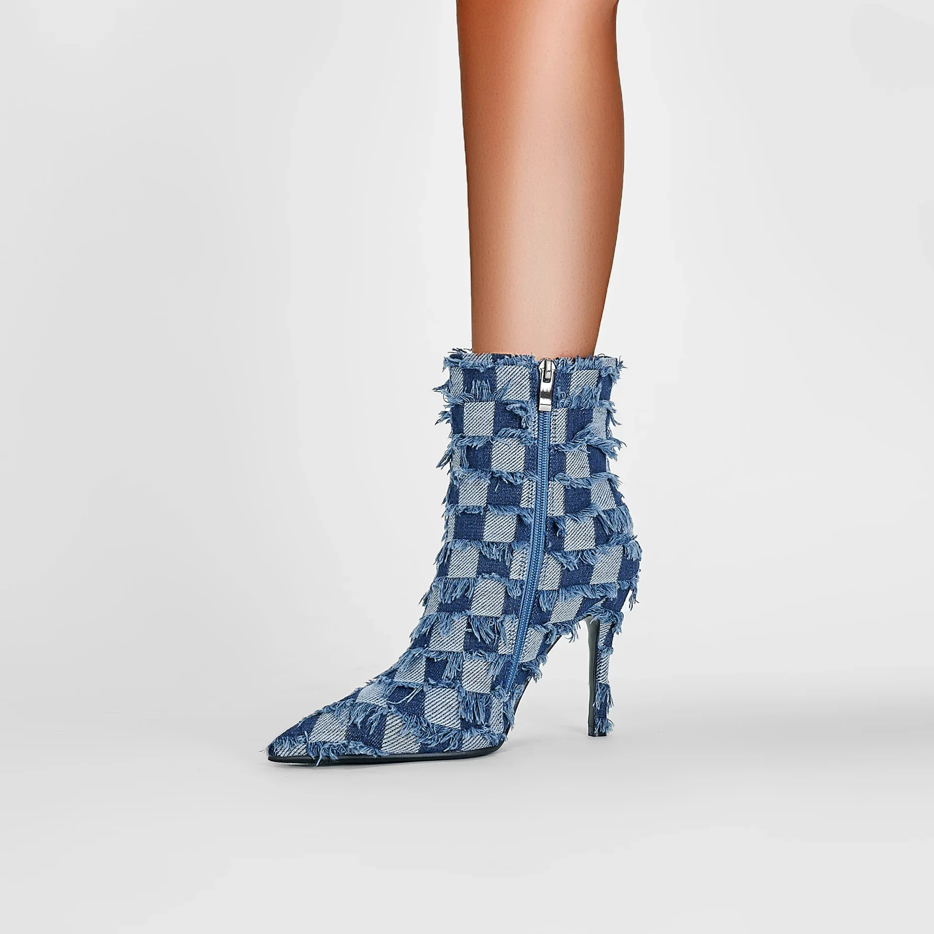 Checkerboard Fringed Jacquard Pointed-Toe Stiletto Ankle Boots Super High Heel Side Zip Large Size Denim Booties Women Shoes