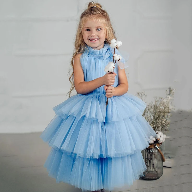 

Cute Baby Blue Flower Girl Dresses Tiered Skirt Tea Length Holy Communion Gown A-line Kids Prom Dress Vestidos Niña