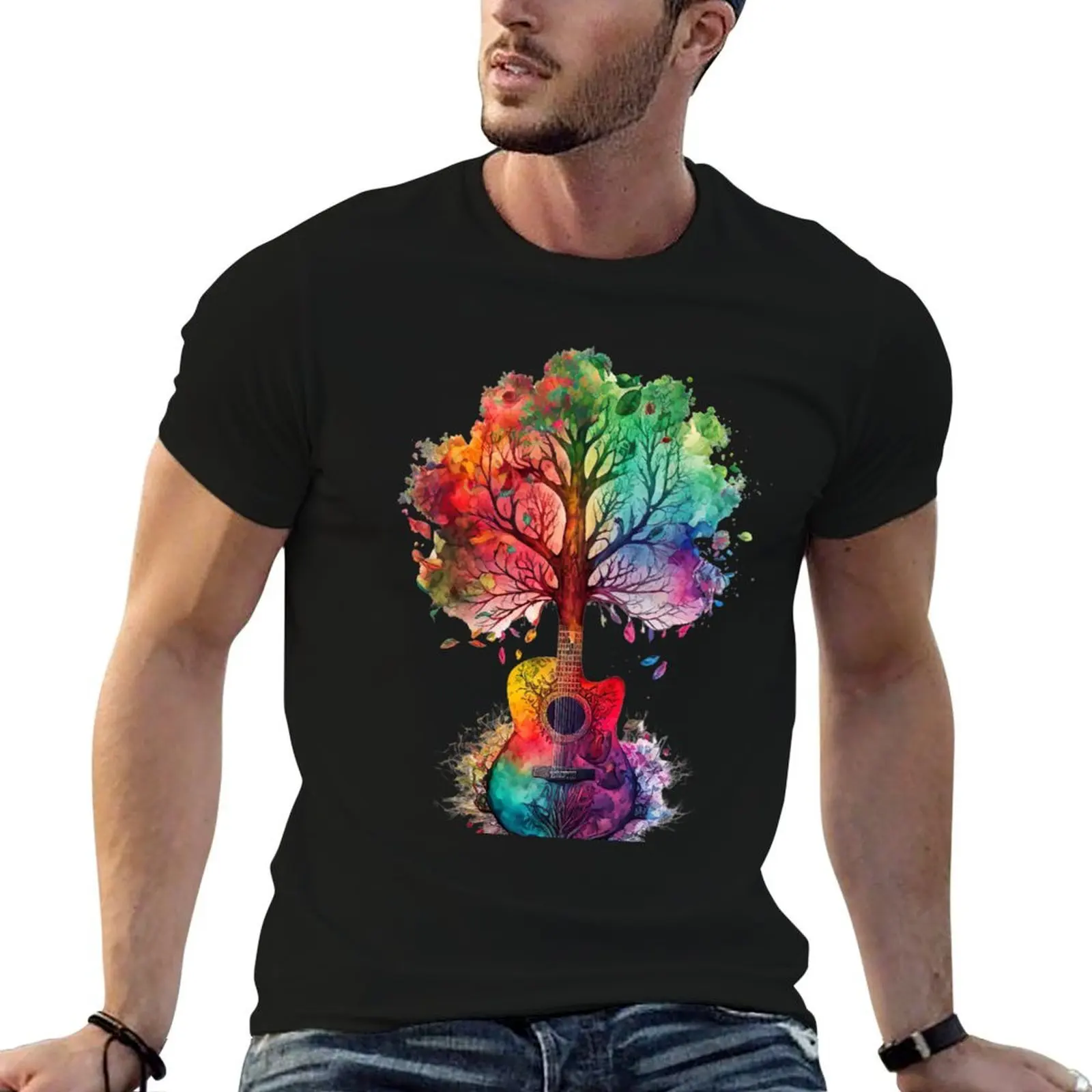 Tree of life guitar rainbow watercolor T-Shirt t shirts cotton 100% men t shirt cotton 100% t shirt custom print T-shirt