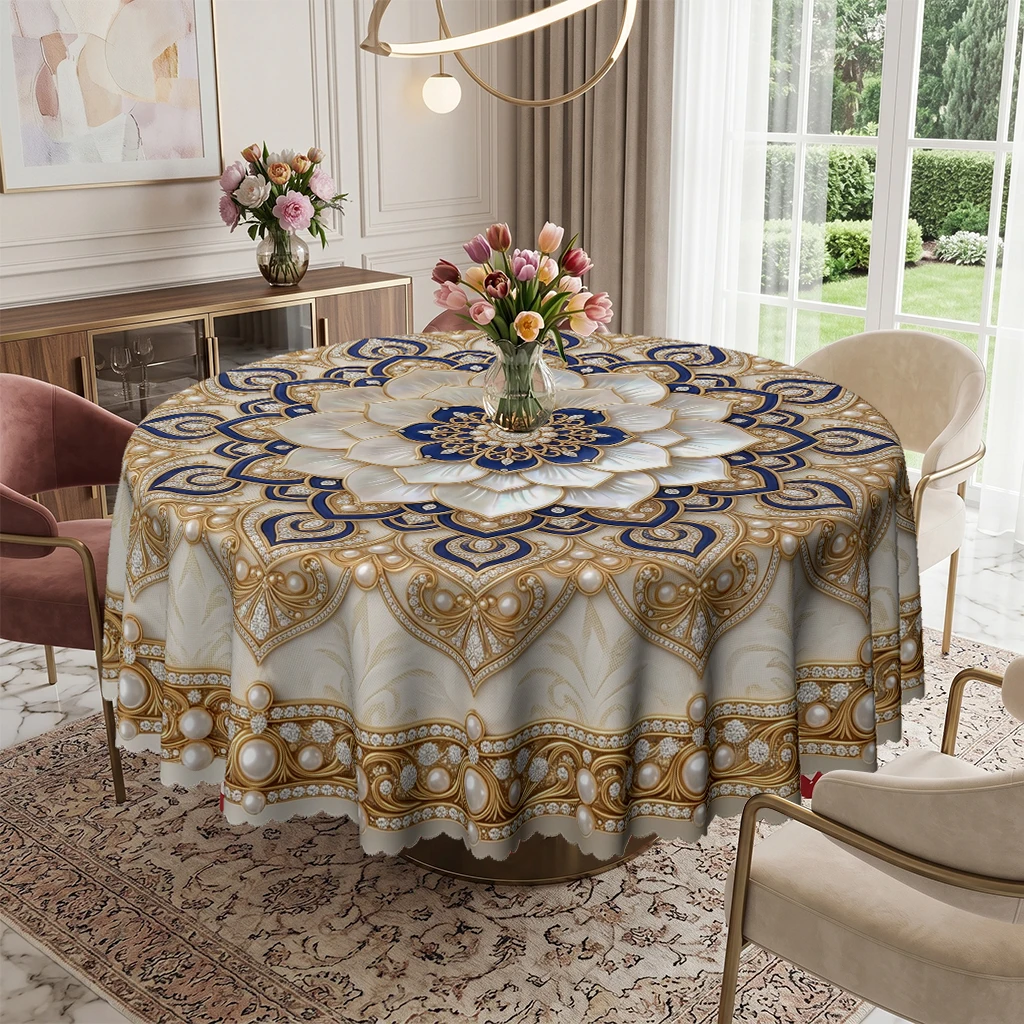 Royal Ornate Blue Gold Floral Round Tablecloth, 3D White Lotus Pearl Embossed Look Tablecover for Dining Table Cafe Restaurant Buffet Party Event Gatherings, Durable Washable Wrinkle Free Decorative Cloth for Festive Holiday Kitchen Room Decor