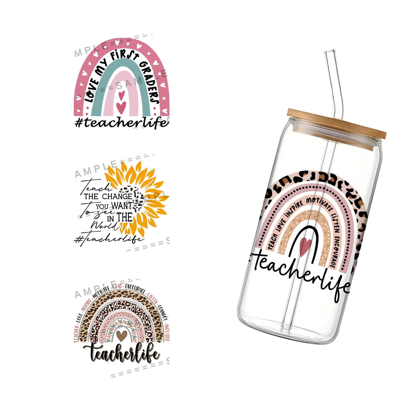 Teacher school Stationery UV DTF Transfer Sticker Waterproof Decals For 16oz Glass Cup Wrap Stickers Small Size 11x11cm