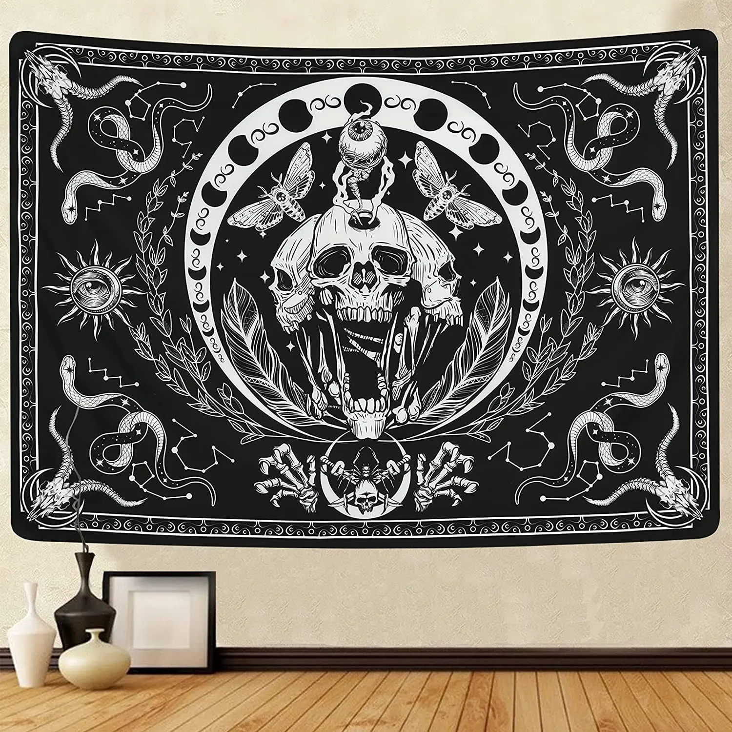 Skull Tapestry Black White Tapestries Snake Moth Trippy Skeleton Mandala Moon Phase Wall Hanging Cloth for Room Art