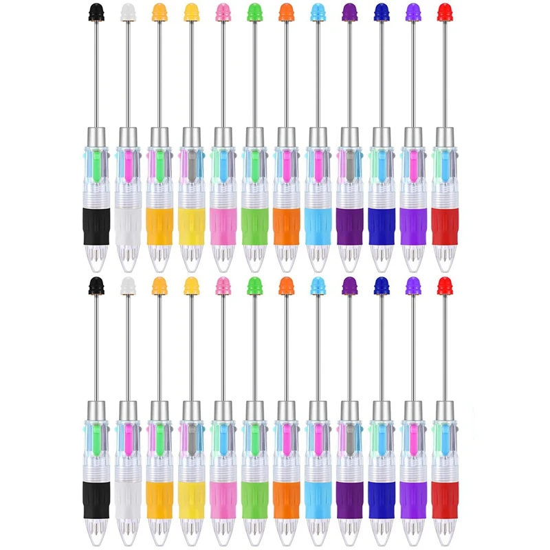 

24 PCS Multicolor Beadable Pens 4-In-1 Colored Beads Pen For DIY Making Kit Students Office Random Mixed Colors Plastic