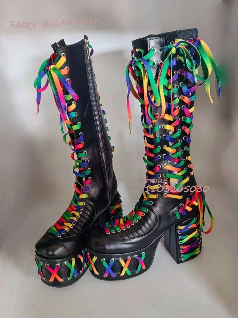 Black Platform Ribbon Striped Boots Colorful Girls Leather High Chunky Heel Knee Booties Weave Cross Cool Hollow Lace Women Shoe