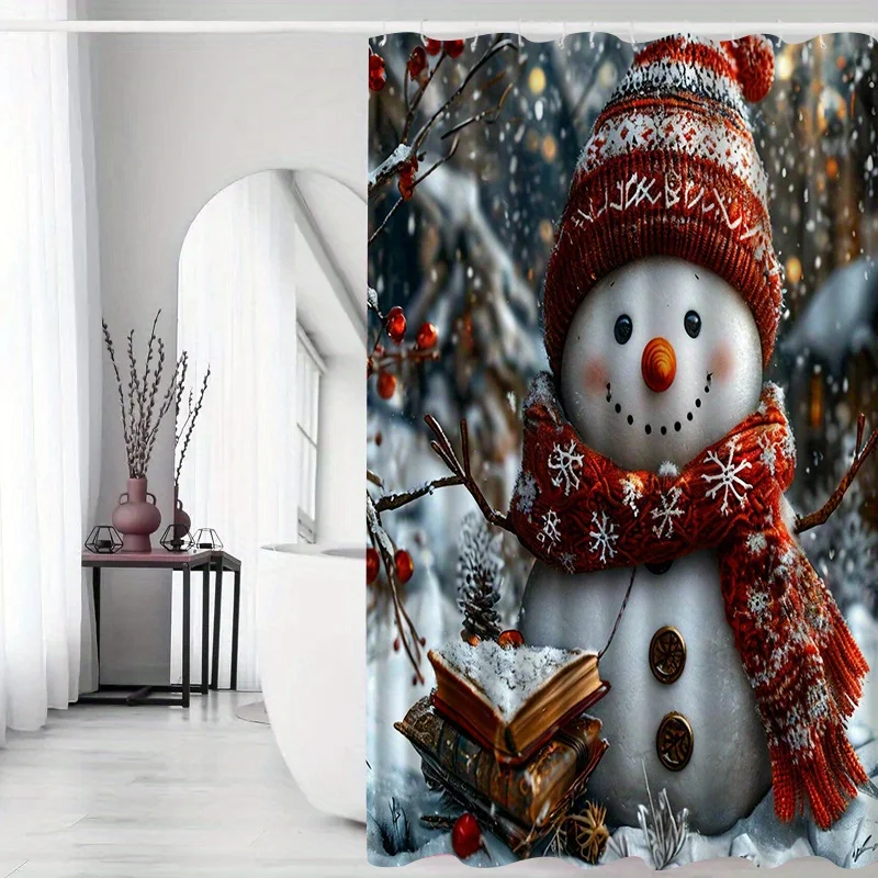 Festive Snowman Shower Curtain with Hat & Scarf Design - Machine Washable Polyester Bathroom Decor, Includes Hooks
