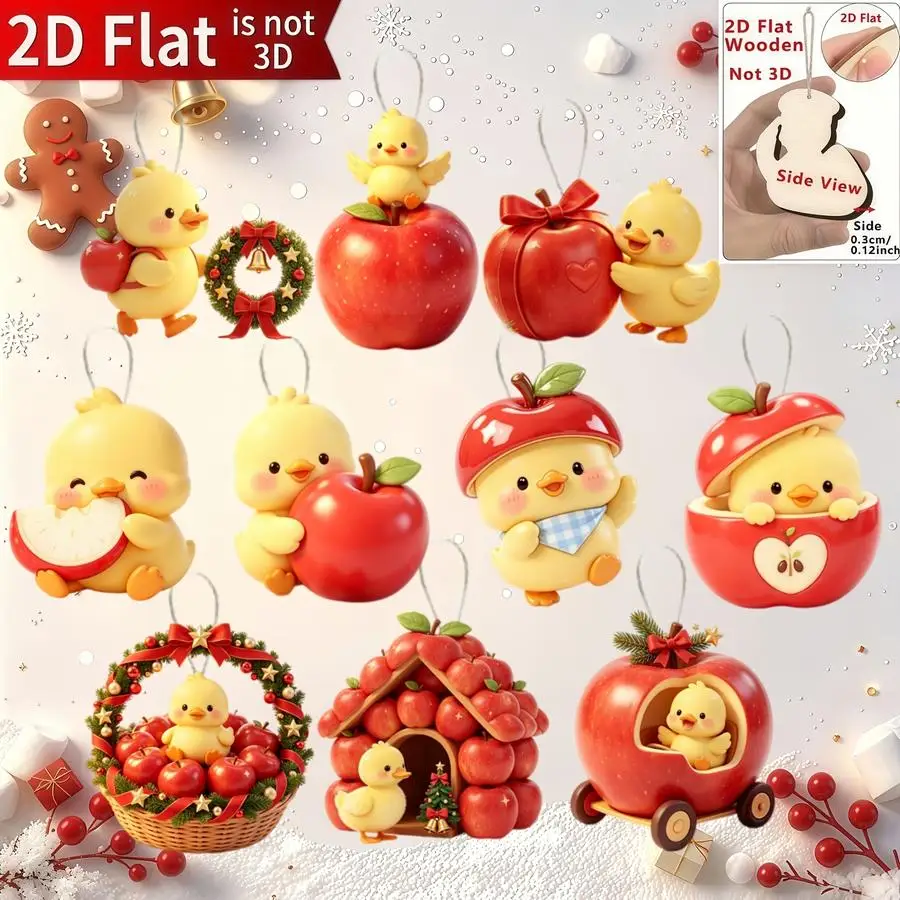 1/5/10/20/50/100pcs Flat 2D Decorations,  Ducks and Red Apples, Decorative Wall Hangings, Festive Decor, Christmas Tree Ornament