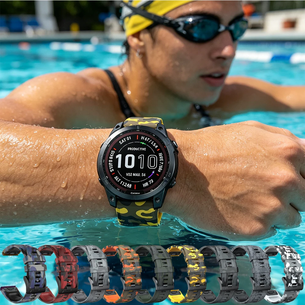 

Силиконовый ремешок с камуфляжным принтом для Garmin Fenix 5X 5 6X 7 7X 8 47 51mm 3 HR Approach S60 62 70 47mm Instinct 2 3 45mm 22/26mm