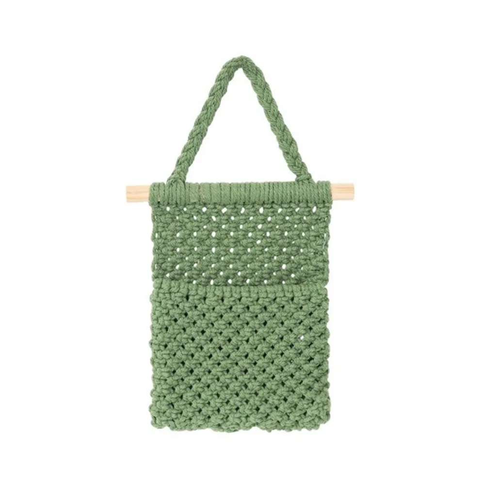 Hand Woven Wall Hanging Storage Net Bag with Wooden Dowel Dustproof Wall Pocket Organizer Wall Mount Key Phone Hanging Pouch