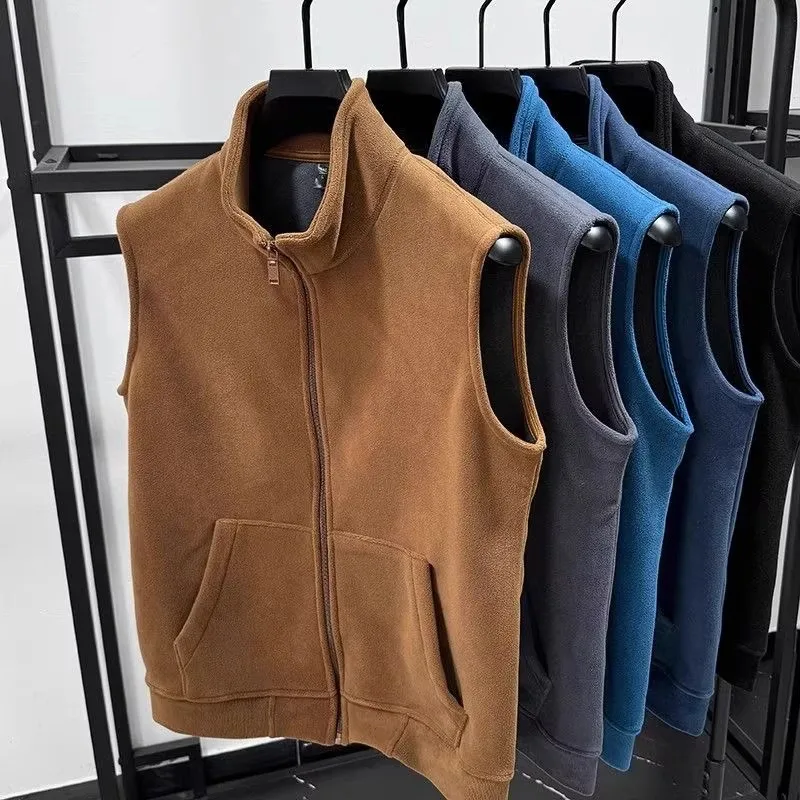 Thickened Fleece Double-sided Fleece Vest Men's Autumn Winter Workwear Stand Collar Open Cardigan Sleeveless Outerwear