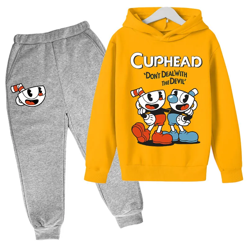 Kids Clothes Game Cuphead Mugman cotton hoodie+pants 2-piece Spring Autumn Childrens Clothing Sets Boys Girls Sweatshirts Suit