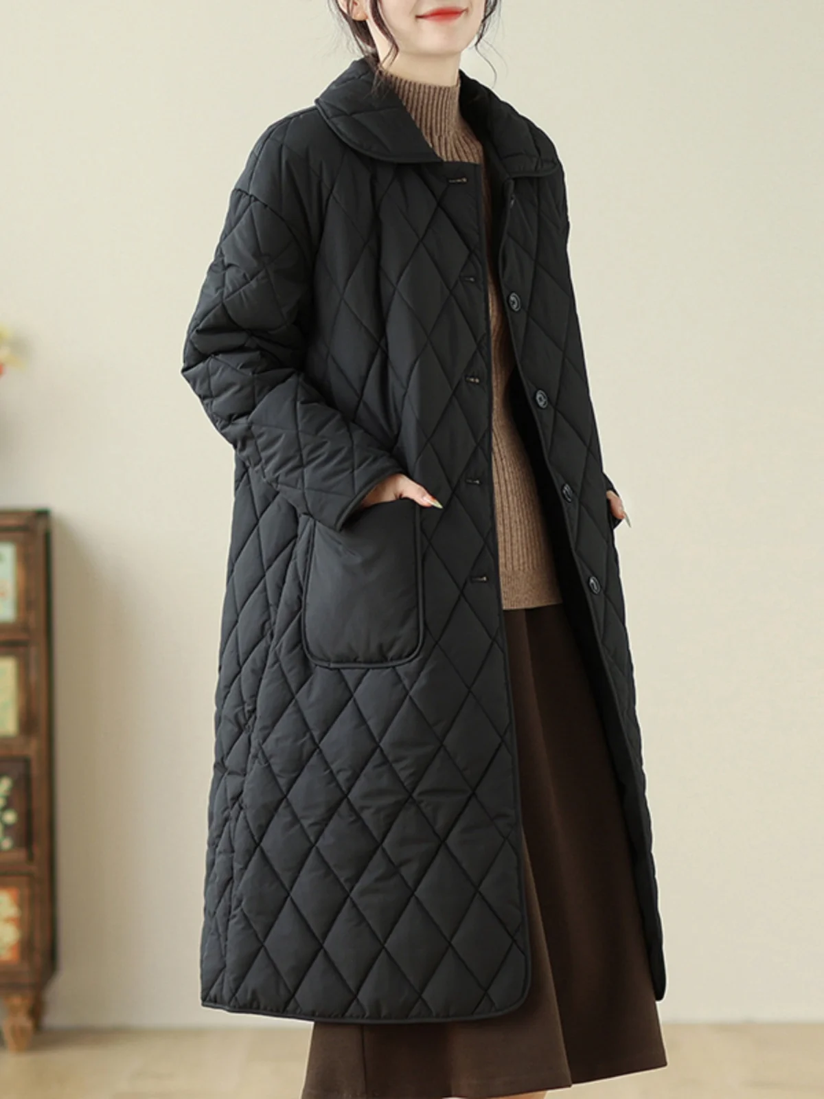 Lightweight Thin down Cotton Jacket Women's Autumn Winter Loose Thick Warm Collar over Knee Cotton Coat Outerwear