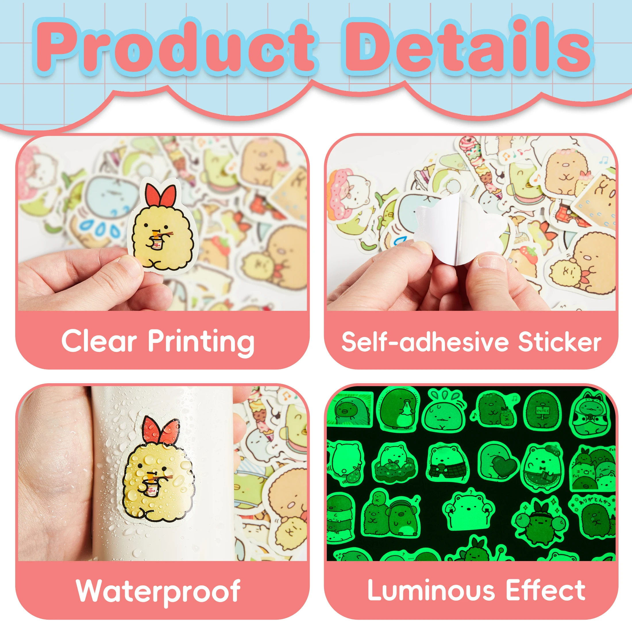 60Pcs Kawaii Cute Cartoon Sumikko Gurashi Glow in the Dark Stickers Skateboard Laptop Luggage Bike Motorcycle Waterproof Decals