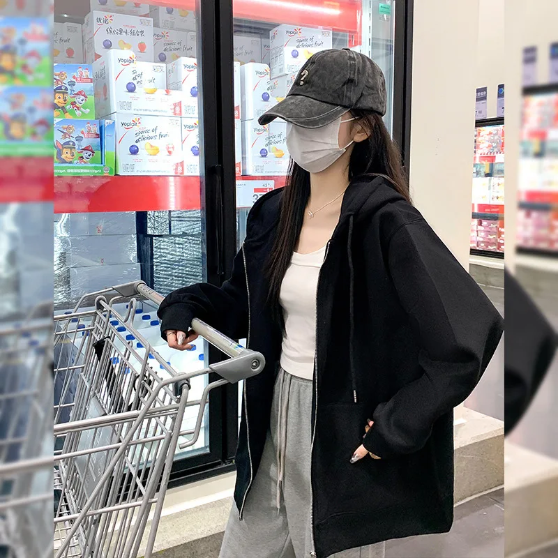 

Women Sweatshirts Hooded Long Sleeve Solid Hoodies Draw String Zipper Cardigan Pockets Sports Casual Loose Spring 2025