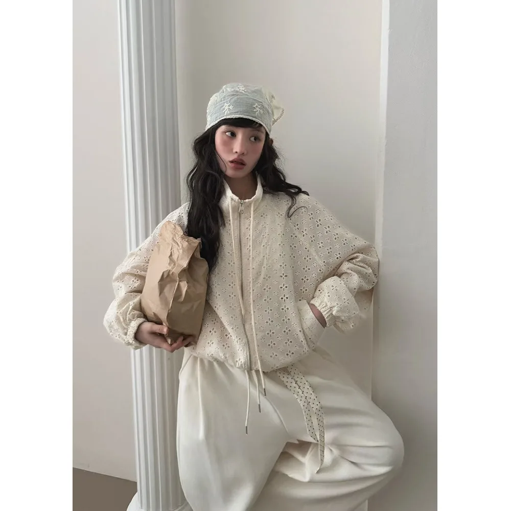 

Chic Sweet Sle ort Embroidered Jaet Women Spring New Stand Collar Dstring Zipper Bubble Sve Top Korean Sle