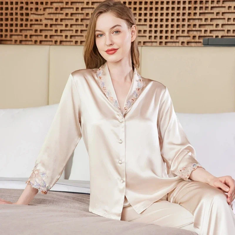 

Women's French Embroidery Silk Pajamas Set Long Sleeve Luxury Mulberry Silk Loungewear Nightwear Elegant Homewear Two Piece Set