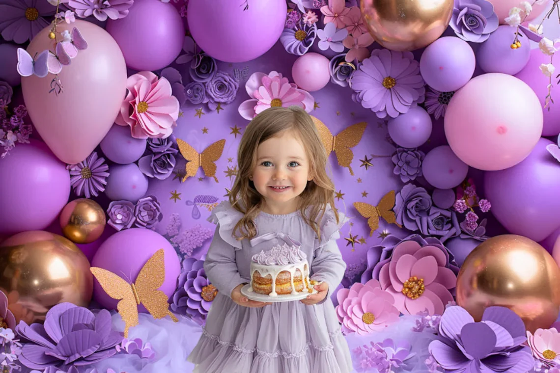 Photography Background Purple Balloons Butterfly Wonderland Girl Birthday Party Cake Smash Decor Photo Backdrop Studio