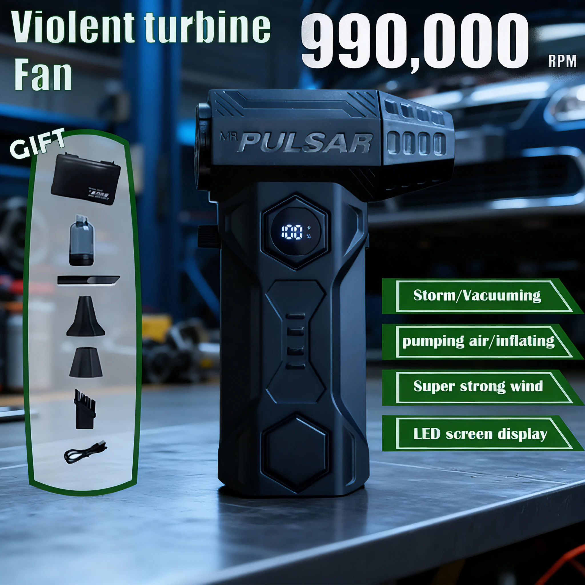 

Высокоскоростной фен X11Pro с одним турбовентилятором, работающий на 990 000 об/мин, со скоростью ветра 75 метров в секунду. 10000 мАч.