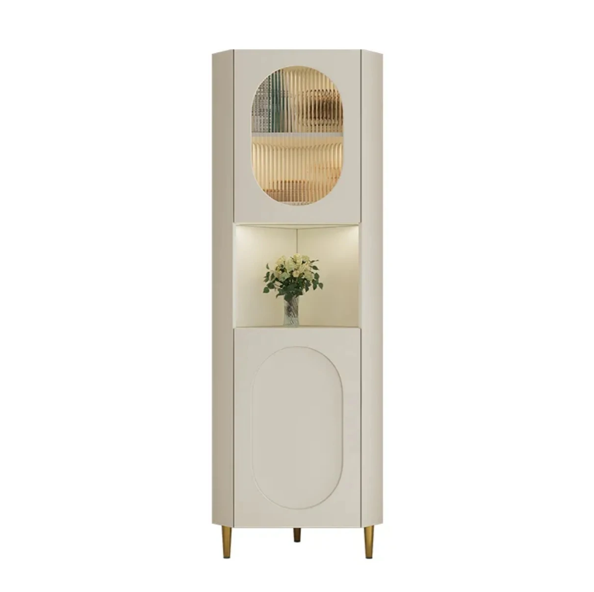 *French Style Solid Wood Corner Cabinet for Home Living Room Dining Luxury Side Rack Storage with Light Triangle Design