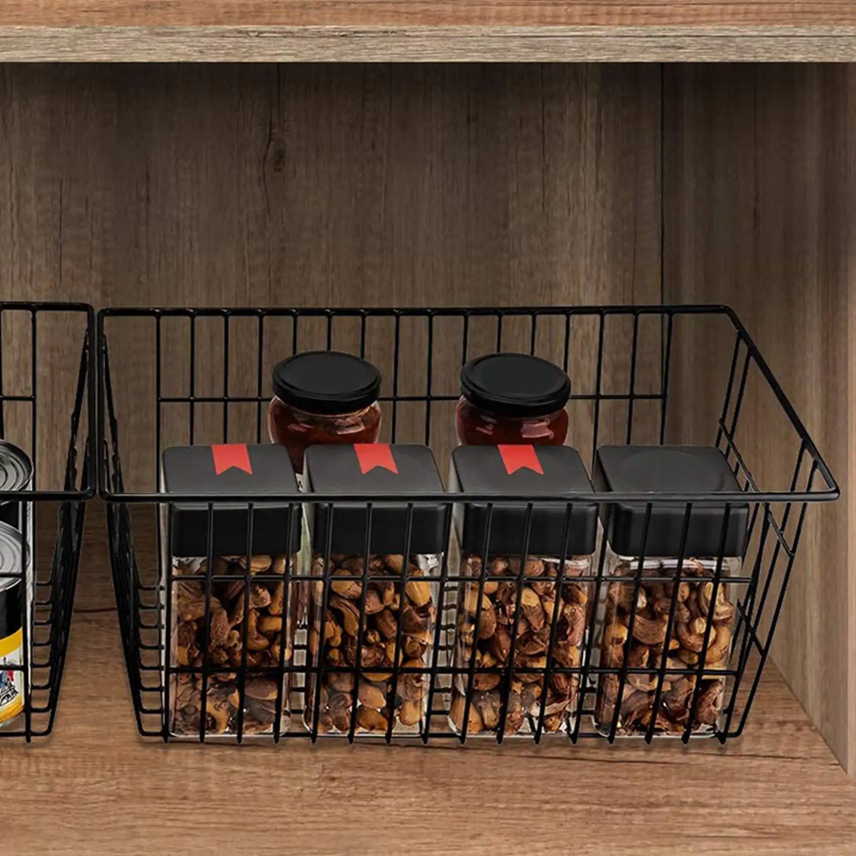 

AT02-4 упаковка проволочных корзин для хранения, металлическая проволочная корзина для хранения в деревенском доме, органайзер для хранения в морозильной камере с ручками (черный)