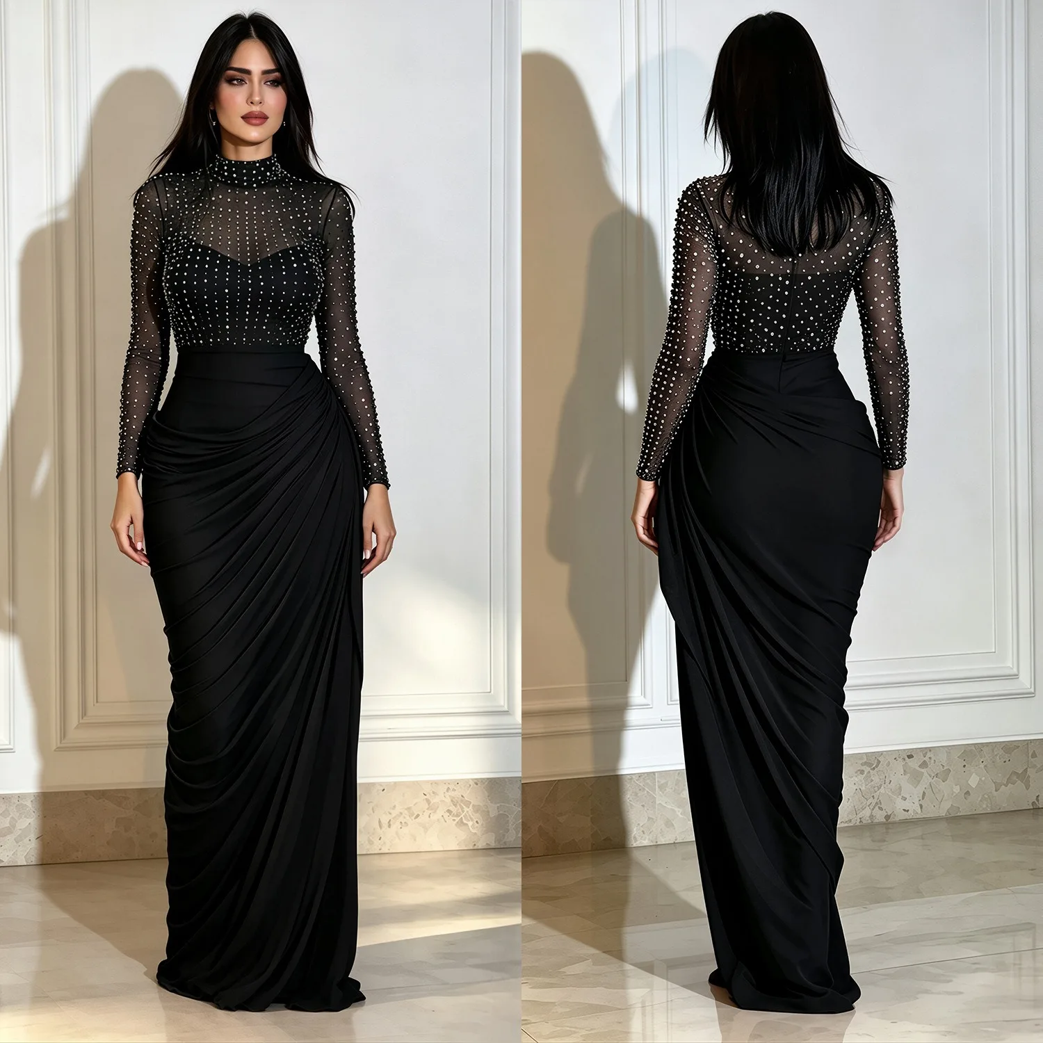 Sexy High-Neck Rhinestone-Embellished Mesh Ruched Bodycon Evening Dress
