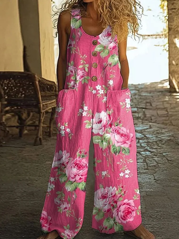 

Fashion Printed Jumpsuit Casual U-neck Button Pocket Sleeveless Wide Leg Jumpsuit Spring Summer New Commuter Women Clothing
