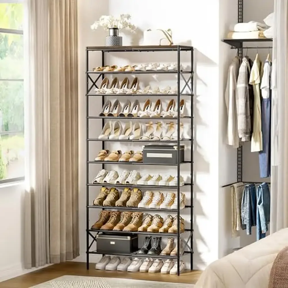 10-Tier Shoe Rack Organizer Entryway Closet Metal Wooden Top 30-40 Pairs Heavy-Duty Shoe Storage Display Stand Multi-level