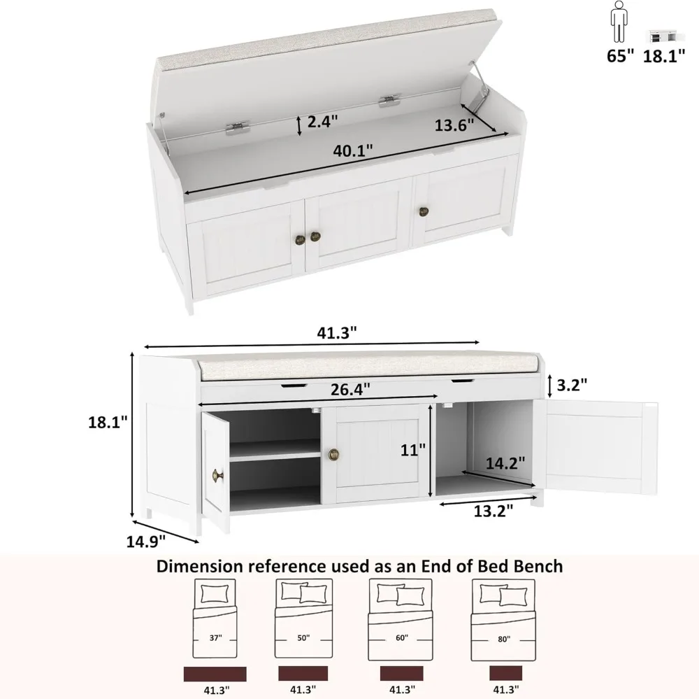 مقعد أحذية قابل للرفع مقاس 41.3 بوصة مع مساحة تخزين، مقعد مبطن للمدخل، غرفة النوم، أبيض #3