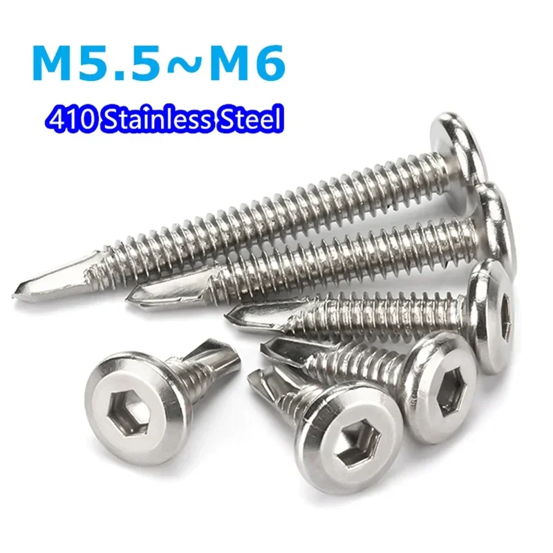 

Flat Head Hexagonal Drill Tail Self-tapping Screw M5.5 M6 410 Stainless Steel Allen Inverted Screw Drilling Tail Bolt