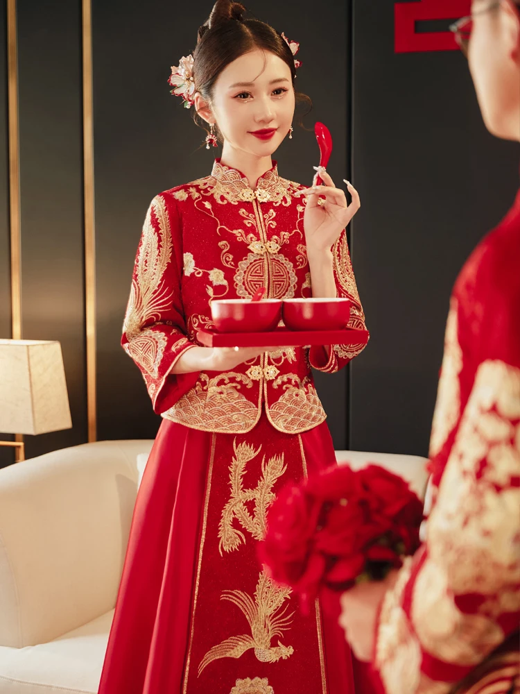 

New Sle Xiuhe Wedding Dr Traditional Chinese Brideom Costume Slimming Small Size Autumn Collection Polyester Fabric