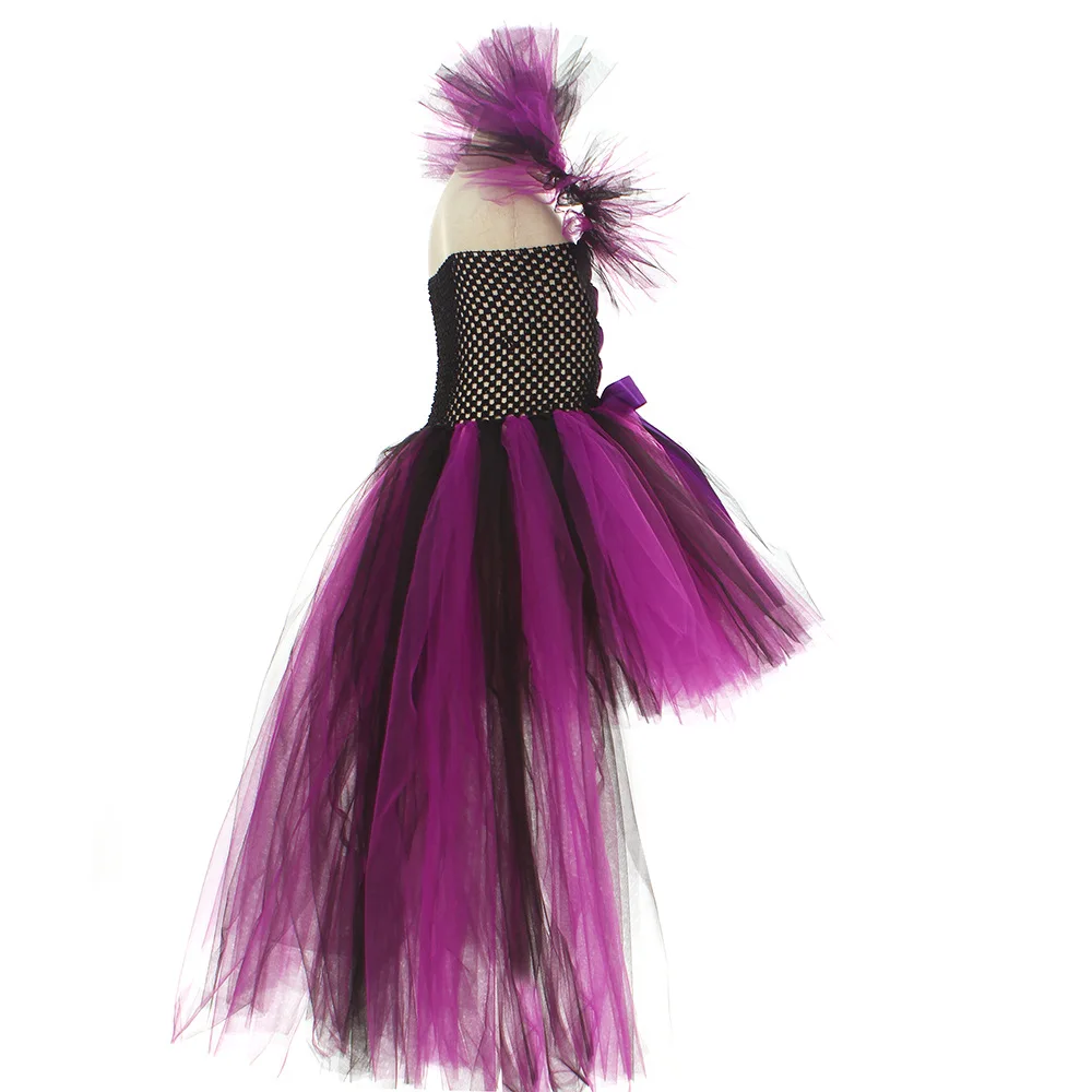 Mädchen Dark Angel Böse Königin Kostüm-Set Lila-Schwarzes Tüllkleid Mit Federflügeln Horn-Stirnband Für Halloween Karneval – Detail 9