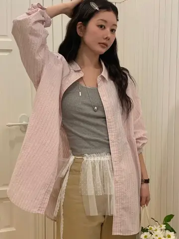 젊은 달콤한 핑크 스트라이프 셔츠 동다 게이트 느슨한 긴 소매 여성 겉옷 태양 보호 탑 중간 길이 패션 봄