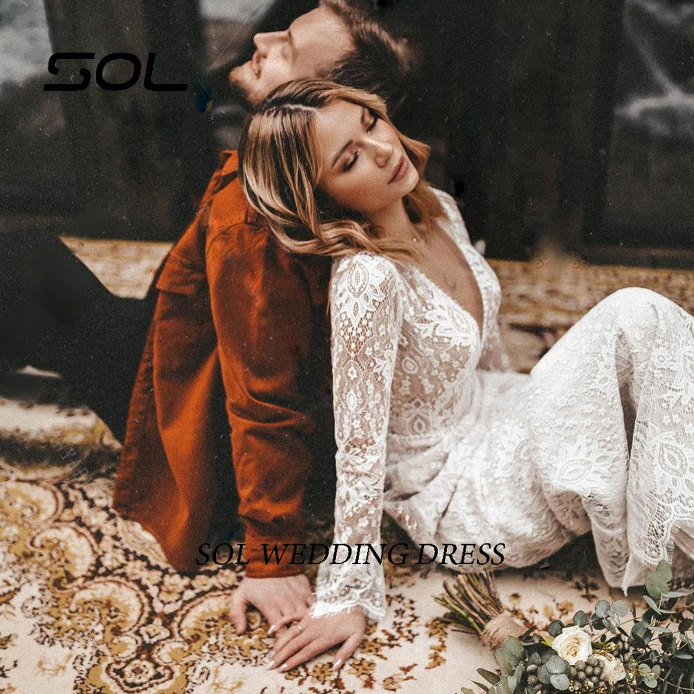 Sol Boho lange Ärmel Blumen spitze V-Ausschnitt Brautkleid Elopement hohle Scheide Mo Perlen rustikale rücken freie Meerjungfrau Brautkleid