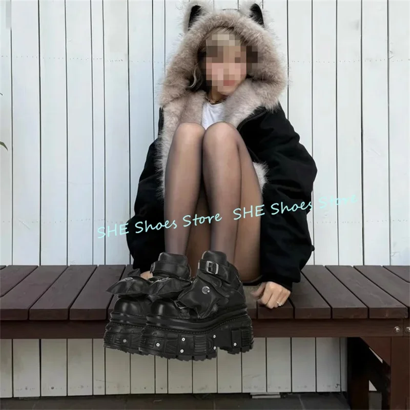 Sepatu Bot Motor High Hop Pocket Decor untuk Pria, Sneakers Gothic Rocker Rivet dengan Sol Tebal, Sepatu Bot Kasual Pria