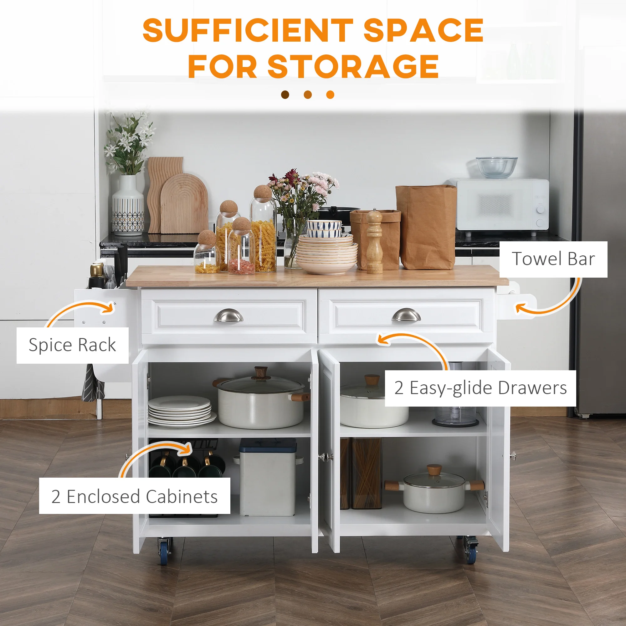 58" Kitchen Island Cart Modern Drop Leaf Storage ชั้นวางรถเข็นบนล้อ, สีขาว