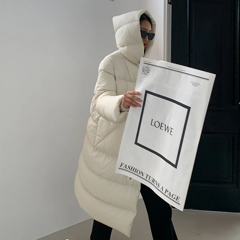 Hooded Long Down Coat  Women Winter 90% White Duck Down Jackets Ladies Outerwear Fashion Female Streetwear Loose Puffer Coat