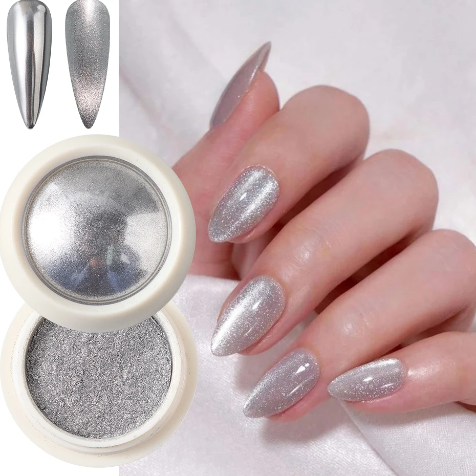 1 個のホログラフィックシルバーネイルパウダー - シルバーマジックミラーグリッターホログラフィックミラーとキャッツアイ効果ネイルラブダスト