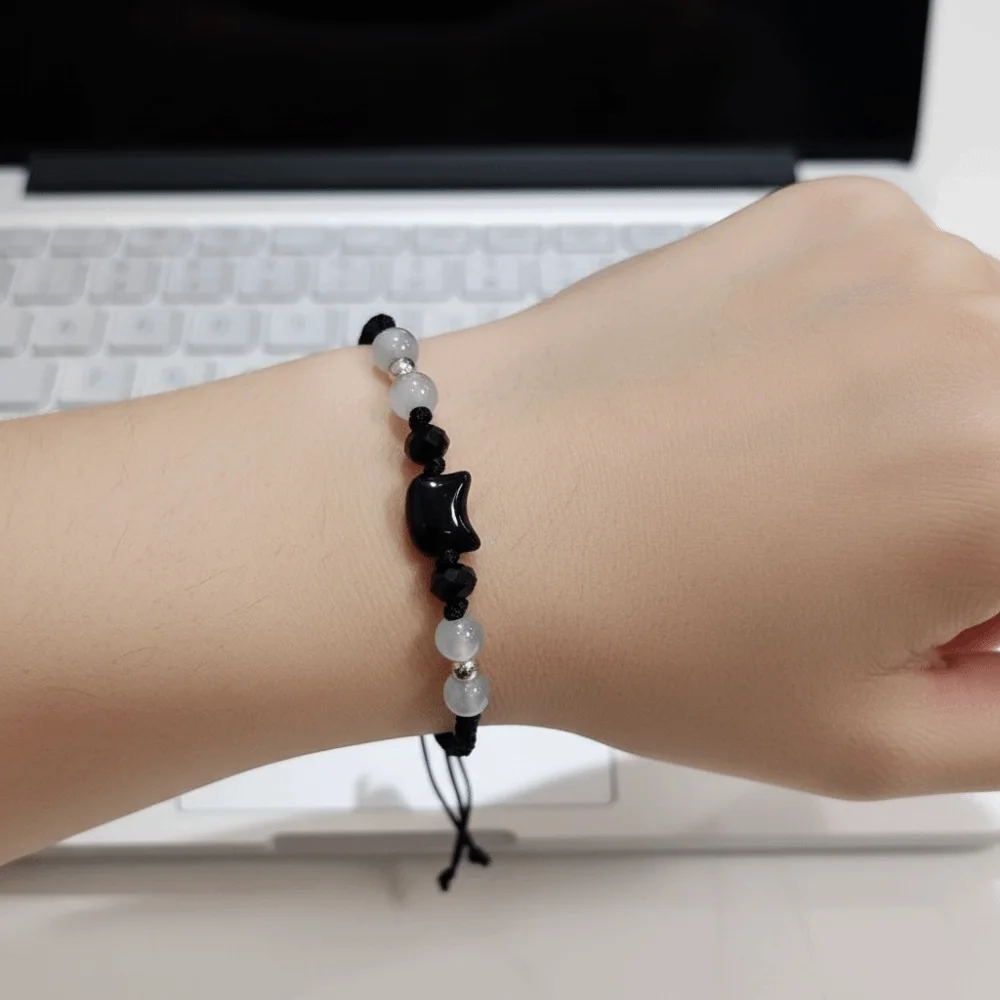 Unique Minimalist Design Couple Bracelet Cute Black White Rabbit Woven Bracelet Moonstone Obsidian Beaded Cat Bracelet Unisex