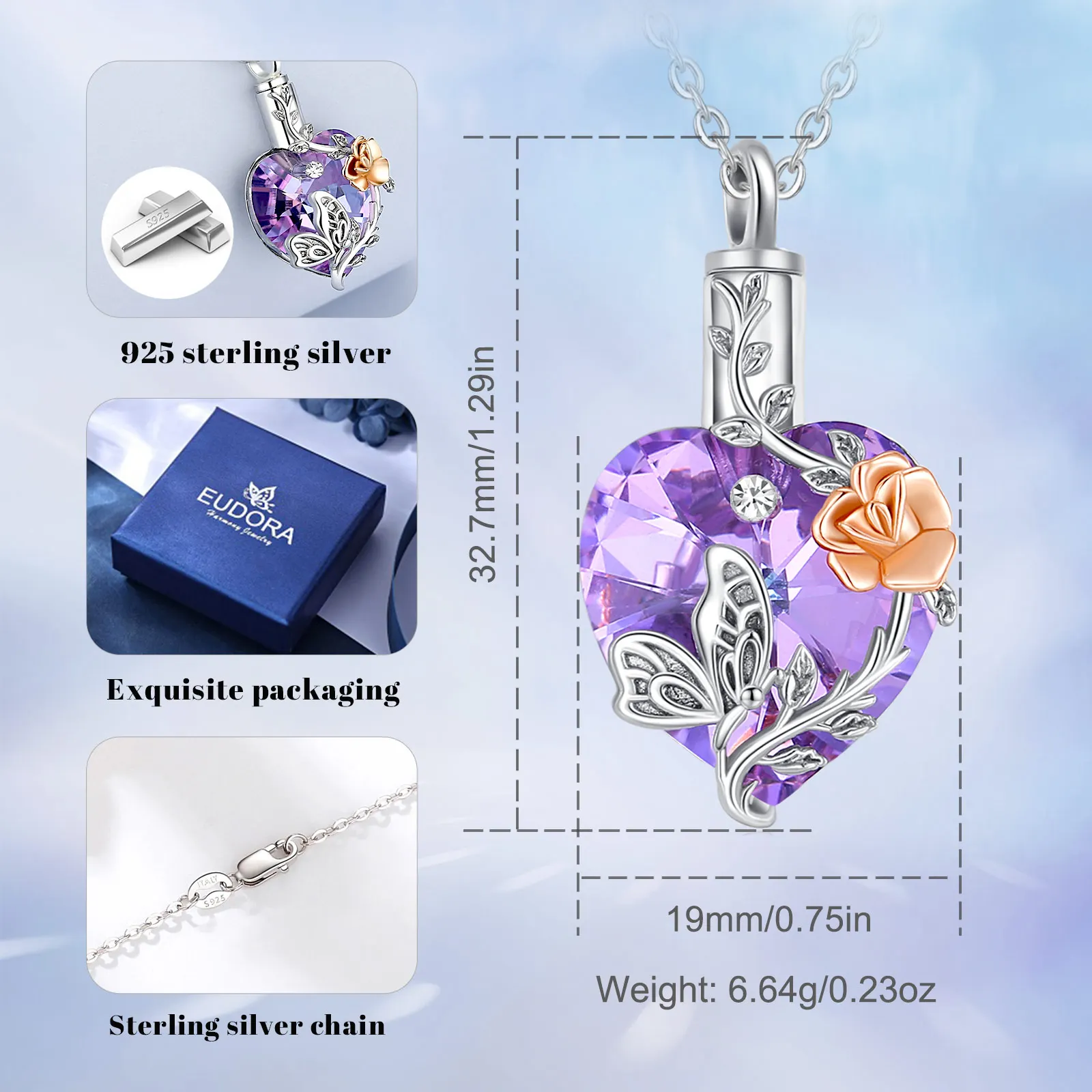 Eudora 925 Sterling Silver Butterfly Rose Ashes Urn Pendant Tree of Life Austrian Crystal Cremation Urn Memorial Jewelry Gift