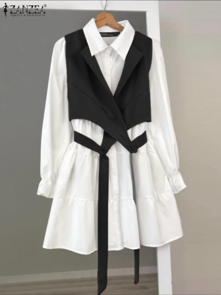 

ZANZEA Stylish Shirt Dress Women Patchwork Lace-Up Sundress Autumn Long Sleeve Robe Lapel OL Casual Loose Vestidos Fake 2pcs