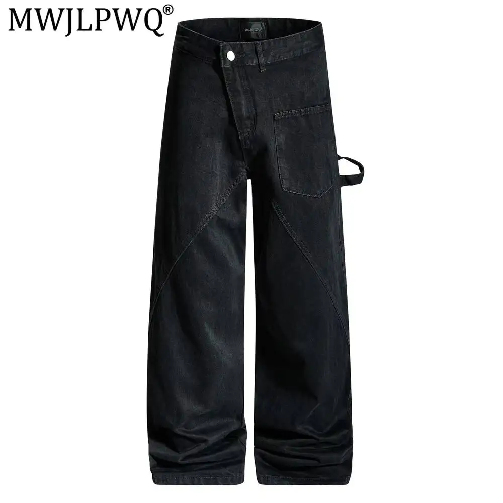 MWJLPWQ Irregular Washed Loose Denim Trousers For Men Street Style Design Unique Diagonal Placket Straight Wide-Leg Jeans 20336