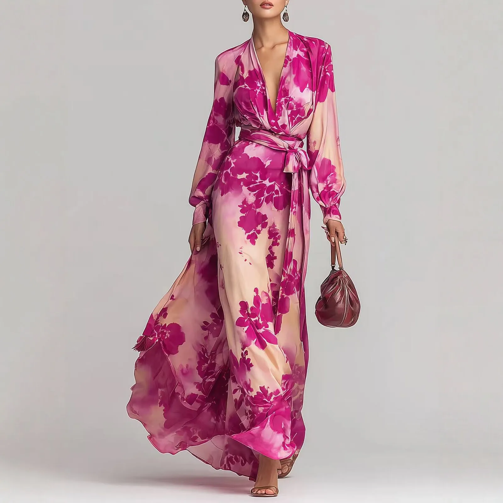 

Woman Lantern Sleeve Boho Dress 2026 Spring Deep V Neck Floral Print High Waist Long Dress Fashion Patchwork Chic Maxi Dress