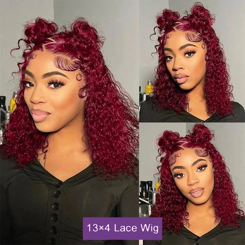 Wig depan renda Burgundy 99J rambut manusia Pre plecked 200% Density keriting mendalam 13x4 wig rambut manusia Frontal renda keriting untuk wanita