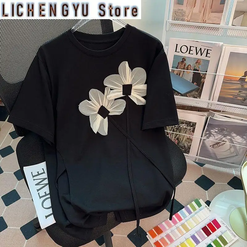 Heavy Industry Flower T-shirt Women's Mid-length Three-dimensional Decoration Draped Black Short-sleeved Top
