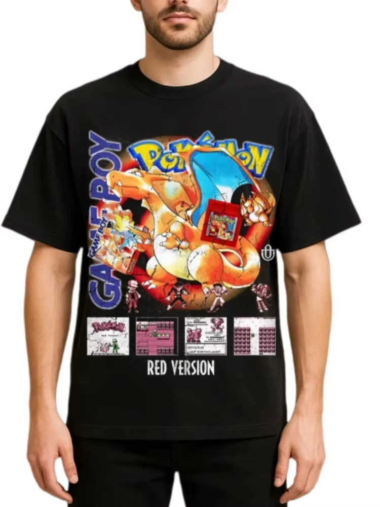 Pokémon Red Version Vintage Game Boy Print T-Shirt Retro Charizard Graphic Cotton Tee for Men & Kids Nostalgic Streetwear Top