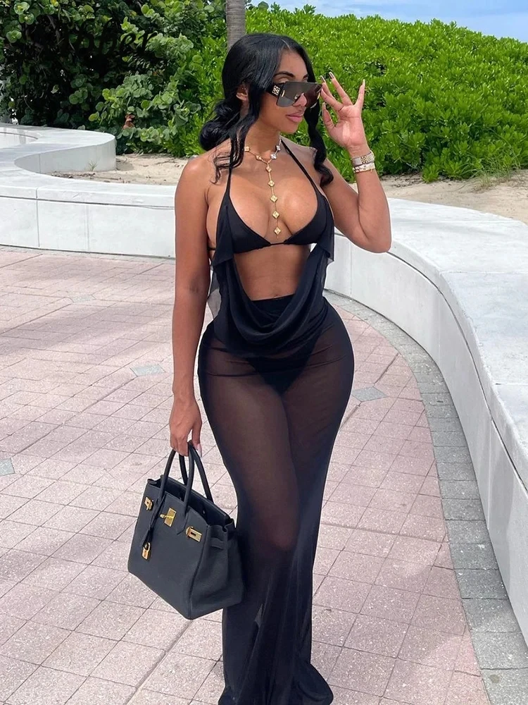 Nibber Mesh Sexuality Two Piece Set Women Summer See Through Halter V-Neck Bra + Solid Long Bodycon Skirts Female Evening Outfit