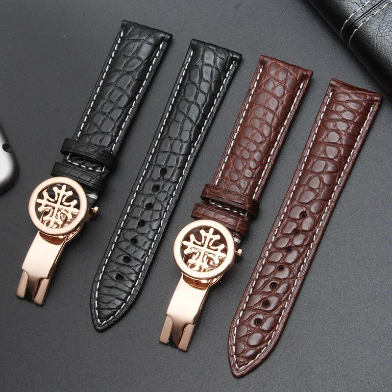 สายหนังจระเข้สีดำ19มม. 20มม. 21มม. 22มม. 24มม. ตะขอพับ PP เหมาะสำหรับนาฬิกา Patek Philippe