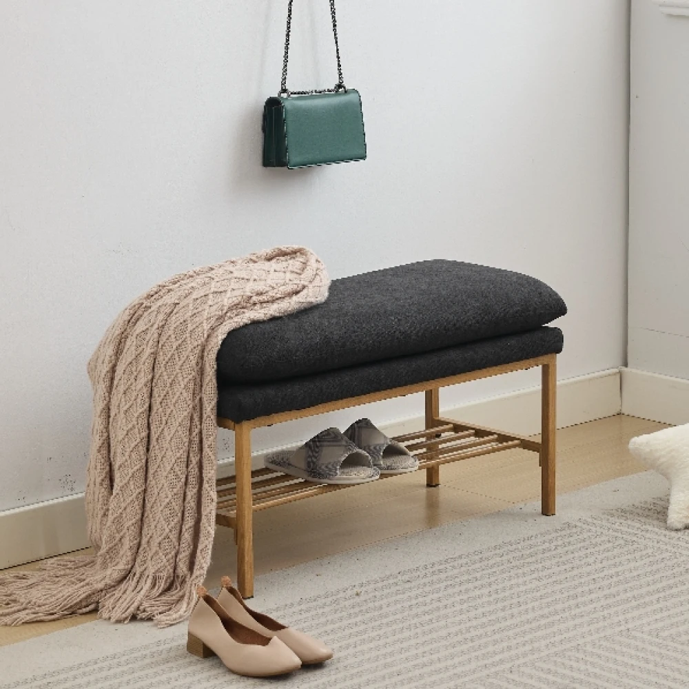 

End of Bed Bench with Shelf, Linen Upholstered Storage Shoe Bench, Modern Bedroom Bench