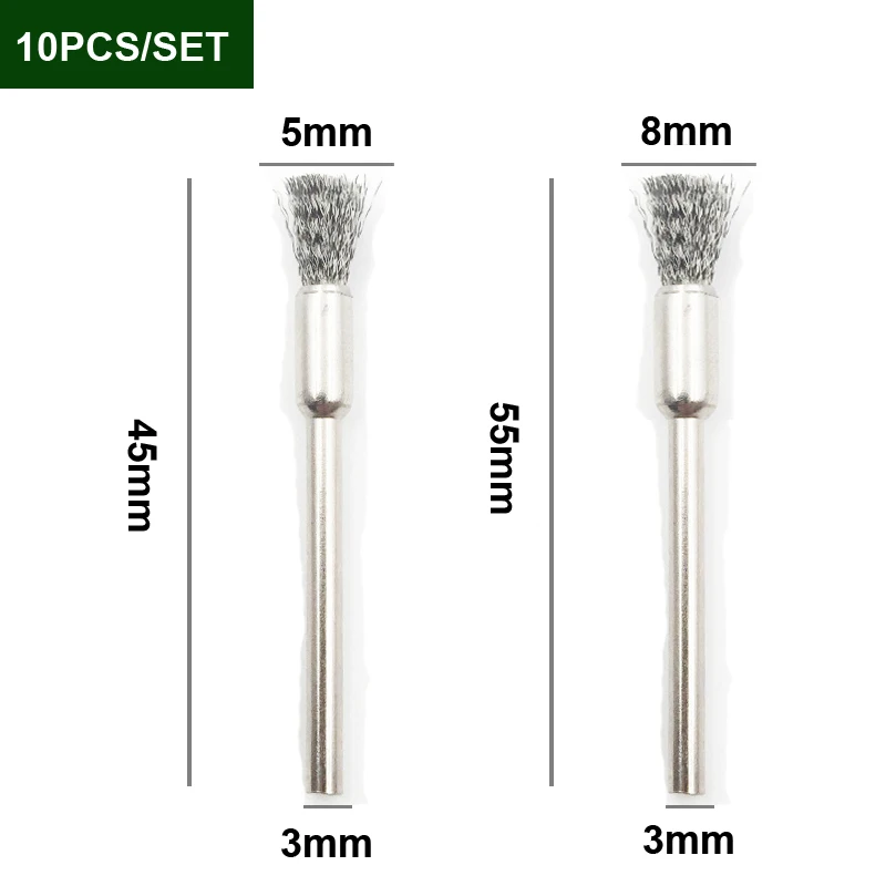 10 Stück 3*5/8mm Mini-Draht end bürste Stahl/Messing/Borste für Dremel 1/8 "Schaft Stift form Rotations werkzeug Zubehör Schlacke Fleck Rost Staub – Detail 8