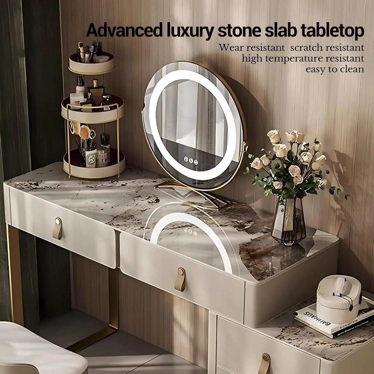 Luxury Vanities Set, Solid Wood Dressing Table Includes Rock Slate Desktop, Expandable Side Cabinet and LED Smart Round Mirror,